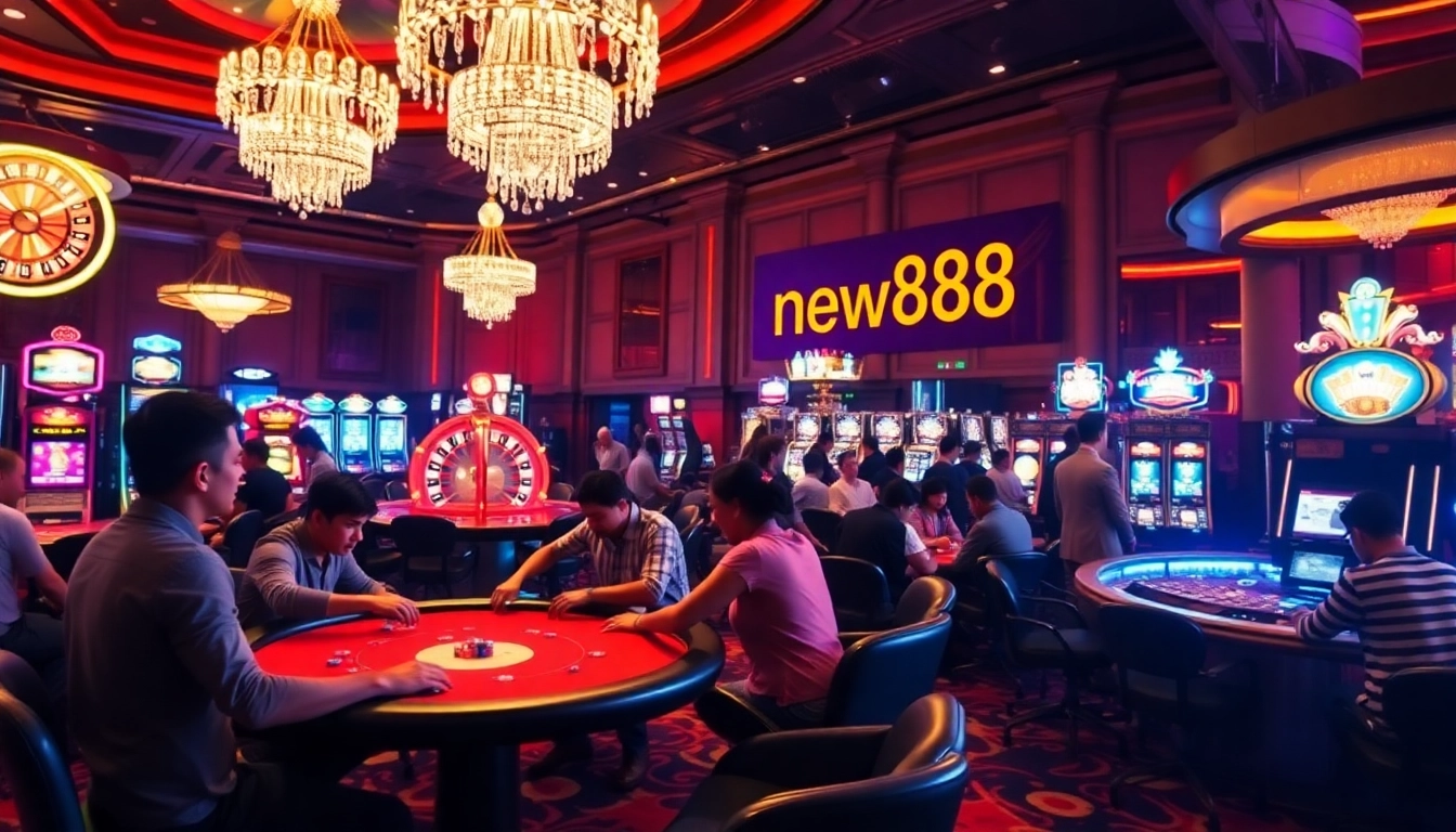 Players enjoying intense poker action at the new888 casino, surrounded by thrilling gaming tables and slot machines.