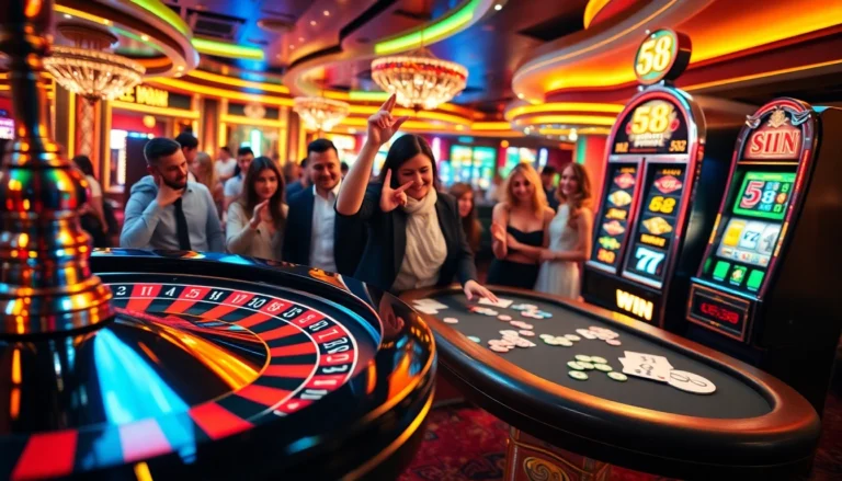 58 win highlights an exhilarating moment at a casino with players celebrating at the roulette wheel and poker table.