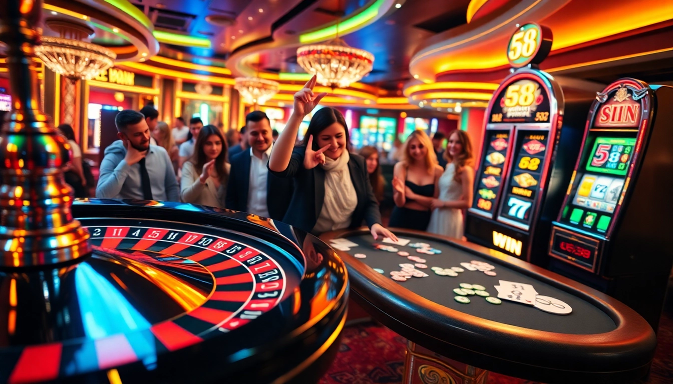 58 win highlights an exhilarating moment at a casino with players celebrating at the roulette wheel and poker table.