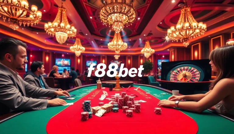 Players flinging cards and chips at a dynamic f88bet poker table illuminated by dazzling lights in a luxurious casino.