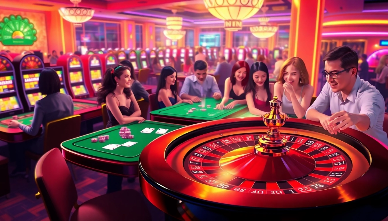 A lively casino scene at new88 com, featuring animated players and vibrant slot machines in a thrilling gaming environment.