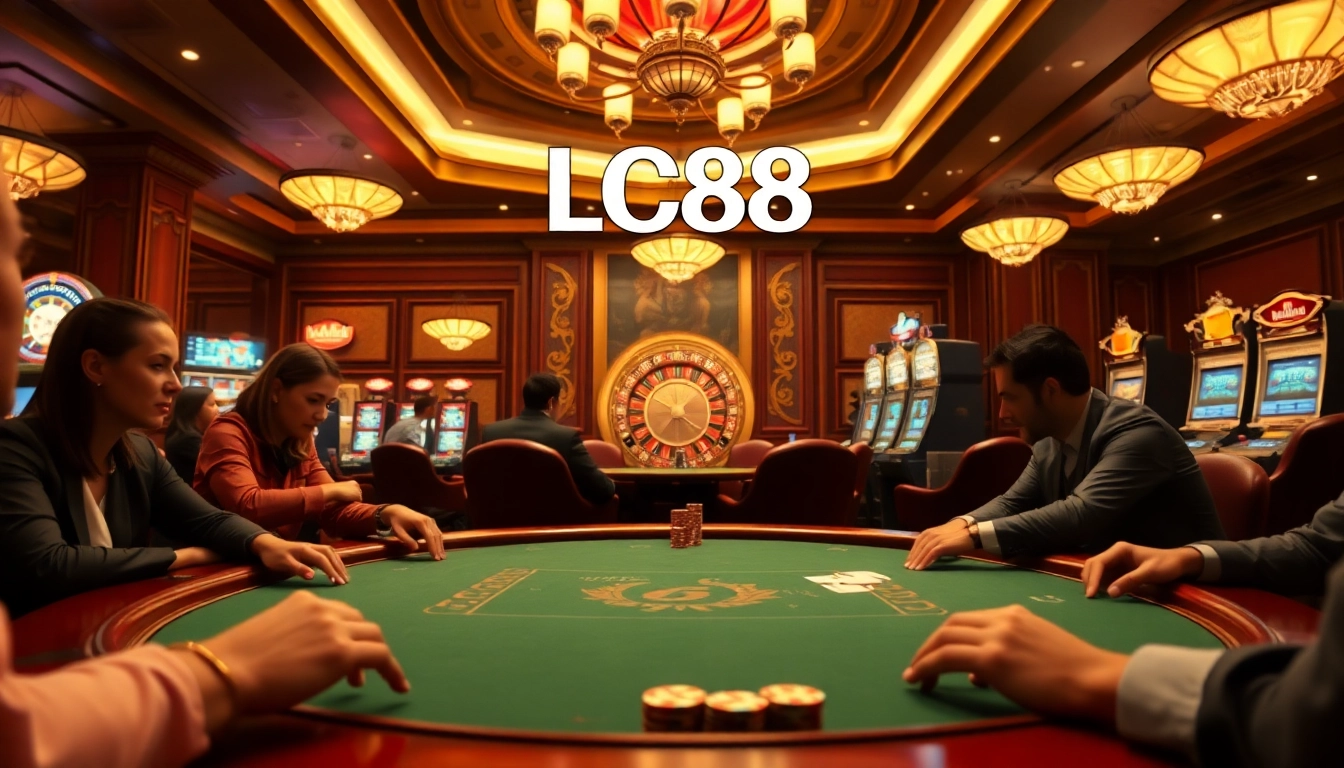 Experience the excitement at LC88 Casino: poker players at an upscale table with vibrant chips enhancing the thrill of the game.